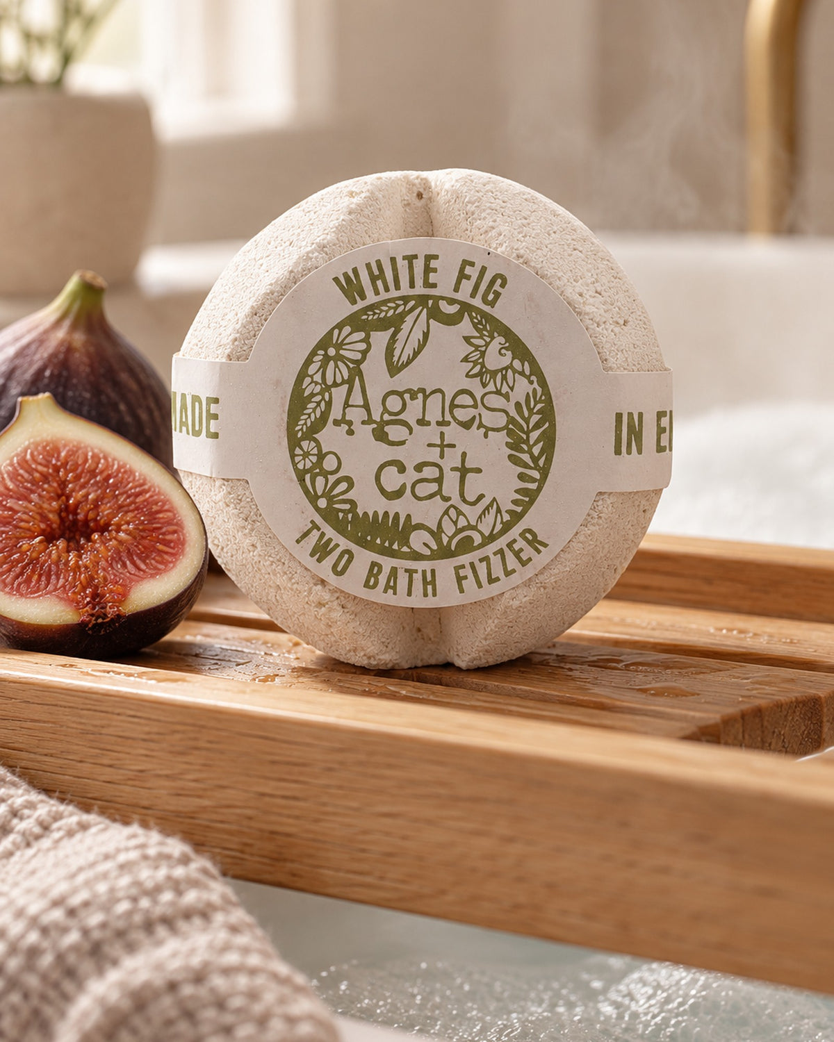 Agnes + Cat Bath Fizzer, White Fig styled in a calm spa setting, Tara Spa Yarm