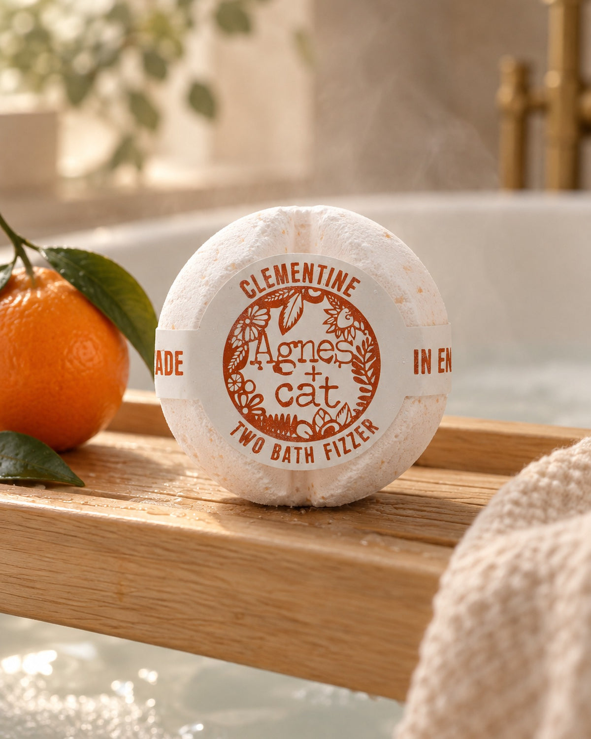 Agnes + Cat Bath Fizzer, Clementine styled in a calm spa setting, Tara Spa Yarm