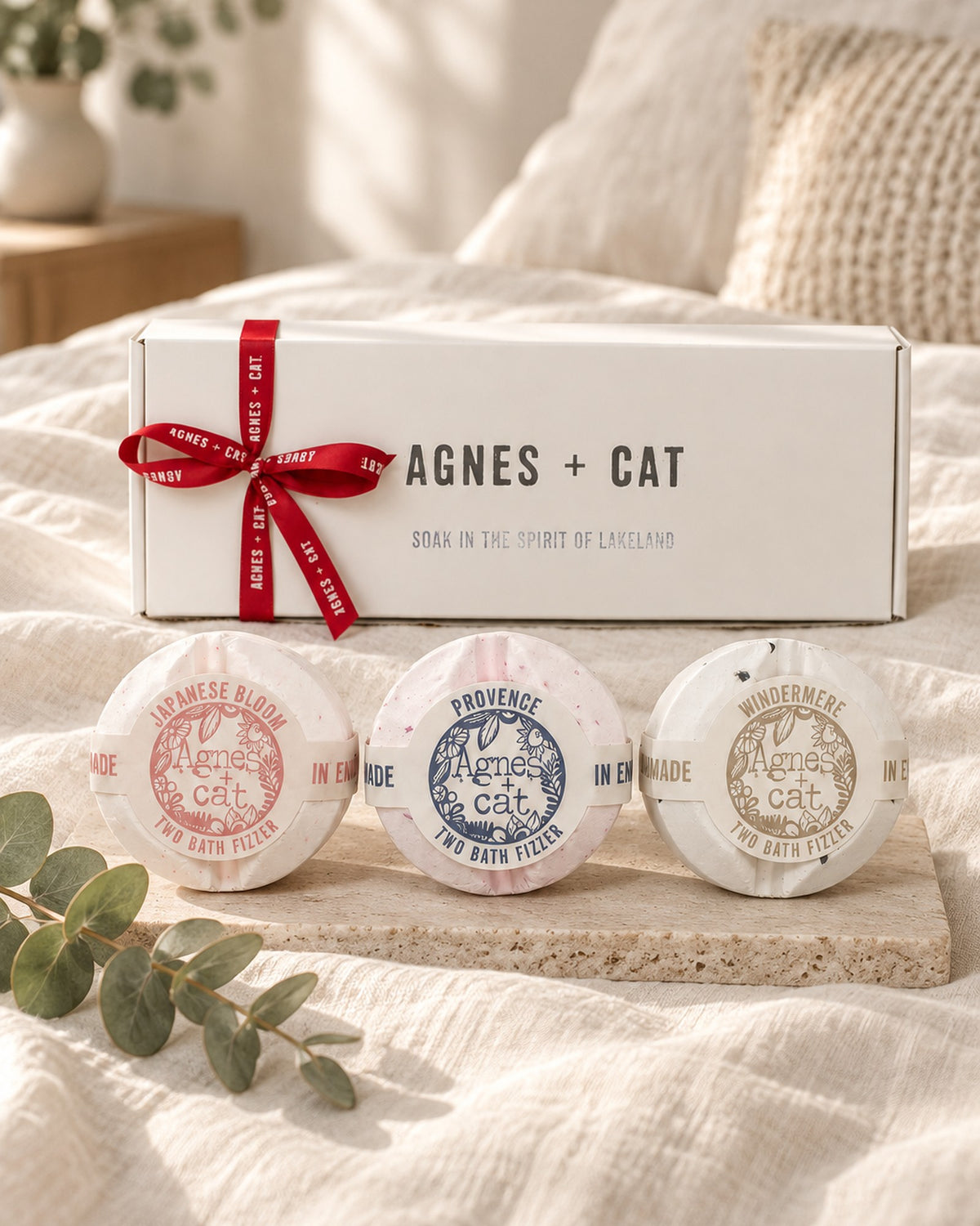 Agnes + Cat Lakeland Favourites Bath Fizzer Gift Set styled in a calm spa setting, Tara Spa Yarm