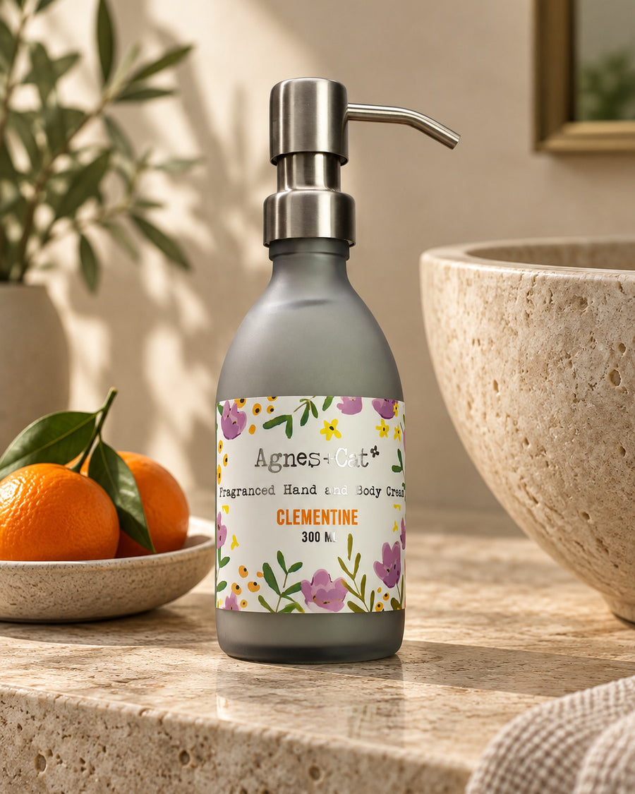 Agnes + Cat Hand and Body Cream, Clementine, 300ml styled in a calm spa setting, Tara Spa Yarm