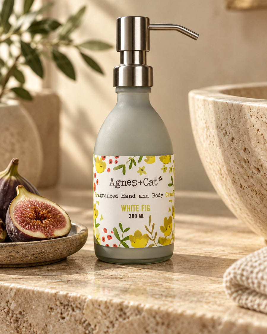 Agnes + Cat Hand and Body Cream, White Fig, 300ml styled in a calm spa setting, Tara Spa Yarm