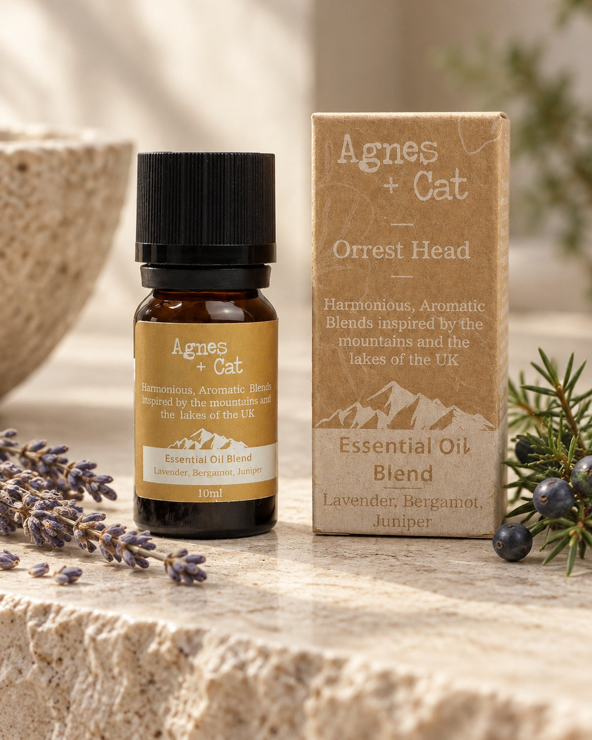 Agnes + Cat Orrest Head Essential Oil Blend, Lavender, Bergamot and Juniper, 10ml styled in a calm spa setting, Tara Spa Yarm