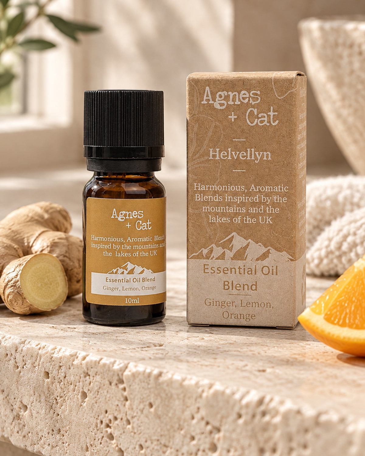 Agnes + Cat Helvellyn Essential Oil Blend, Ginger, Lemon and Orange, 10ml styled in a calm spa setting, Tara Spa Yarm
