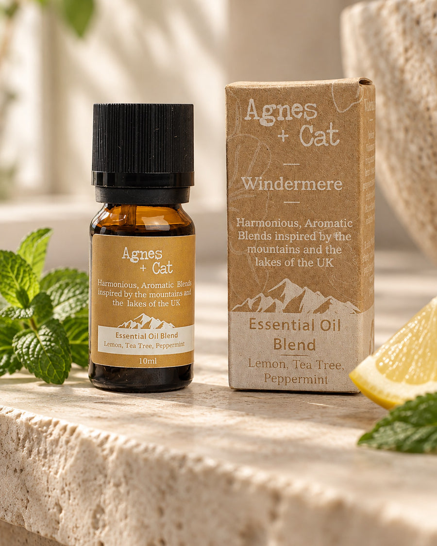 Agnes + Cat Windermere Essential Oil Blend, Lemon, Tea Tree and Peppermint, 10ml styled in a calm spa setting, Tara Spa Yarm