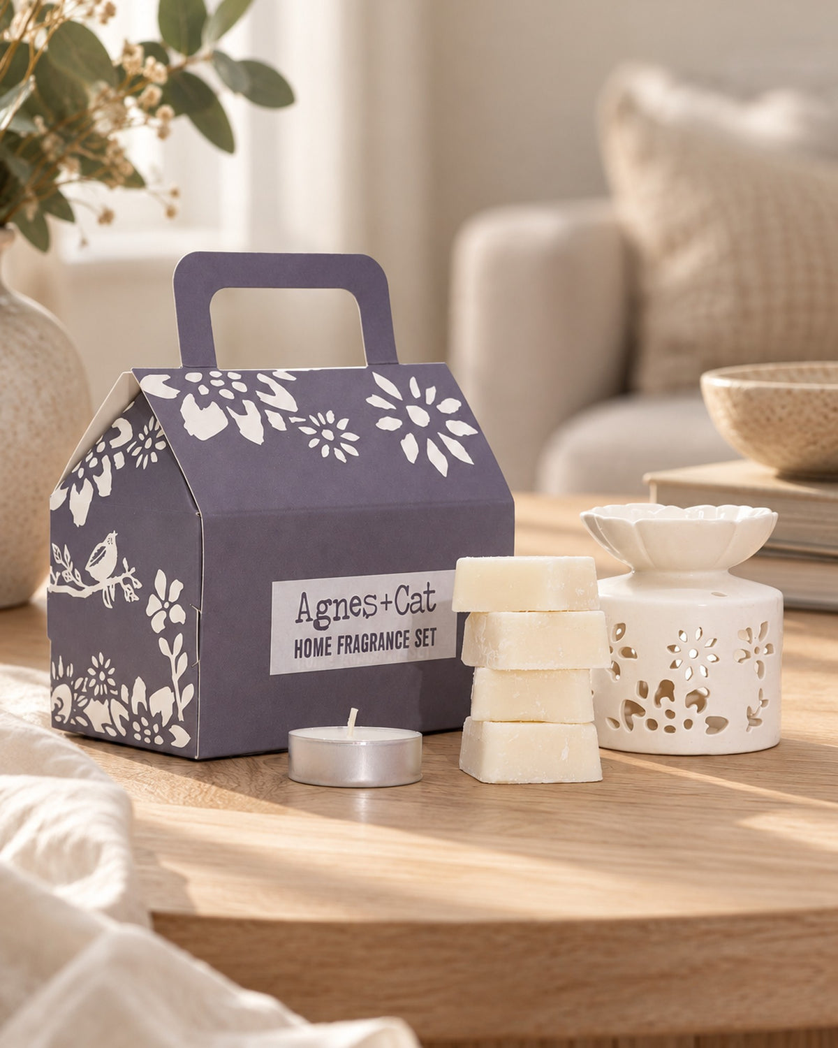 Agnes + Cat Fragrance Gift Set, Windermere, 250g styled in a calm spa setting, Tara Spa Yarm