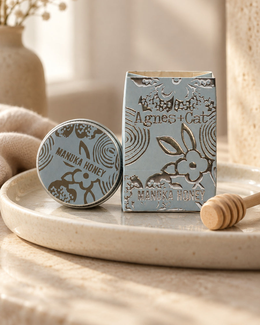 Agnes + Cat Lip Balm, Manuka Honey, 12g styled in a calm spa setting, Tara Spa Yarm