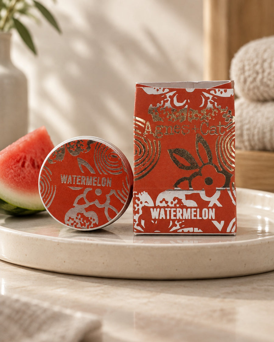 Agnes + Cat Lip Balm, Watermelon, 12g styled in a calm spa setting, Tara Spa Yarm