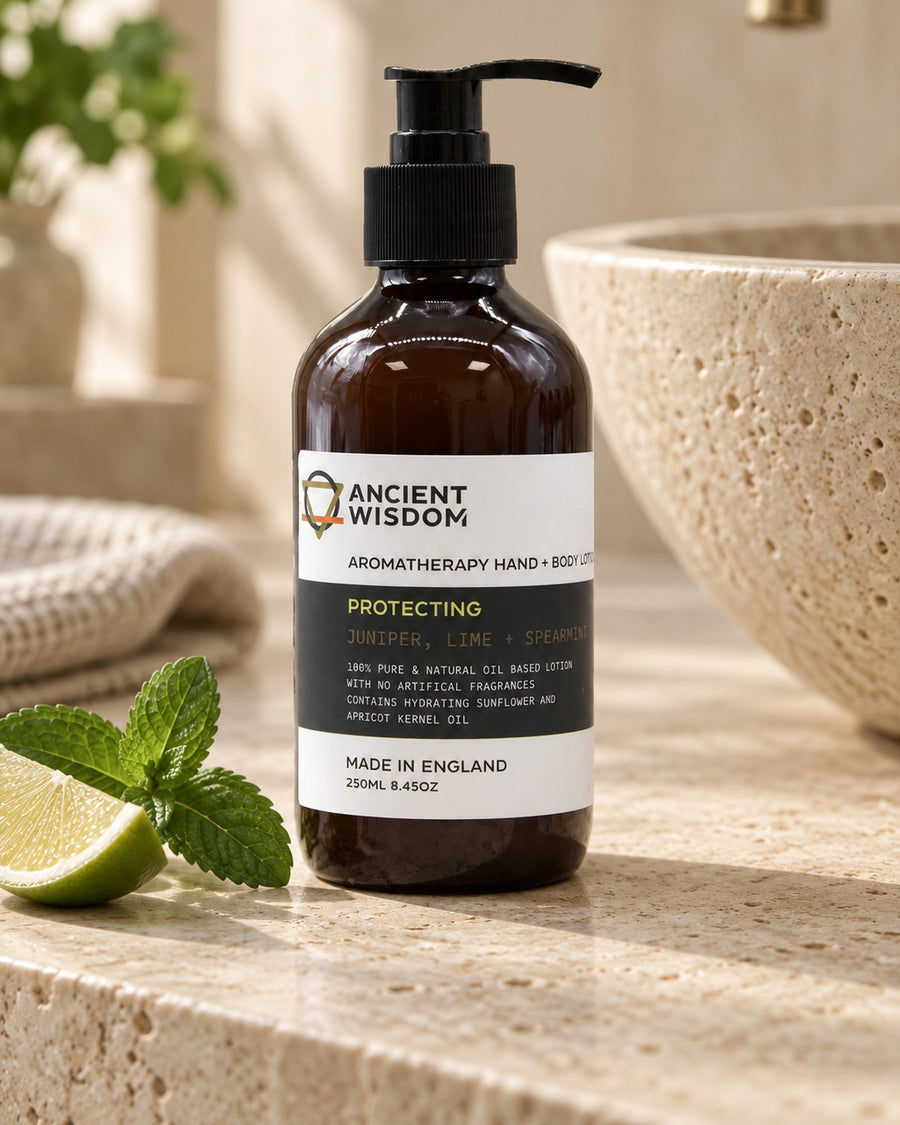 Juniper, Lime and Spearmint Hand and Body Lotion, 250ml styled in a calm spa setting, Tara Spa Yarm