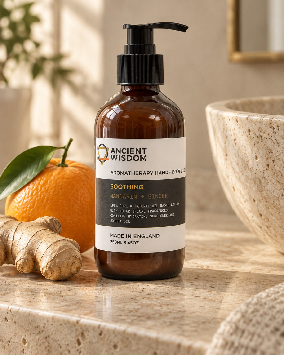 Mandarin and Ginger Hand and Body Lotion, 250ml styled in a calm spa setting, Tara Spa Yarm