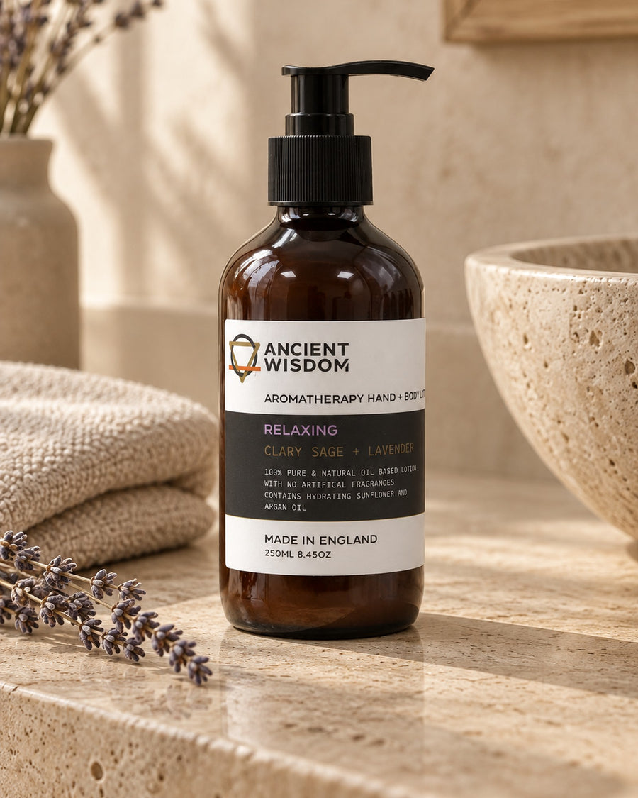 Clary Sage and Lavender Hand and Body Lotion, 250ml styled in a calm spa setting, Tara Spa Yarm