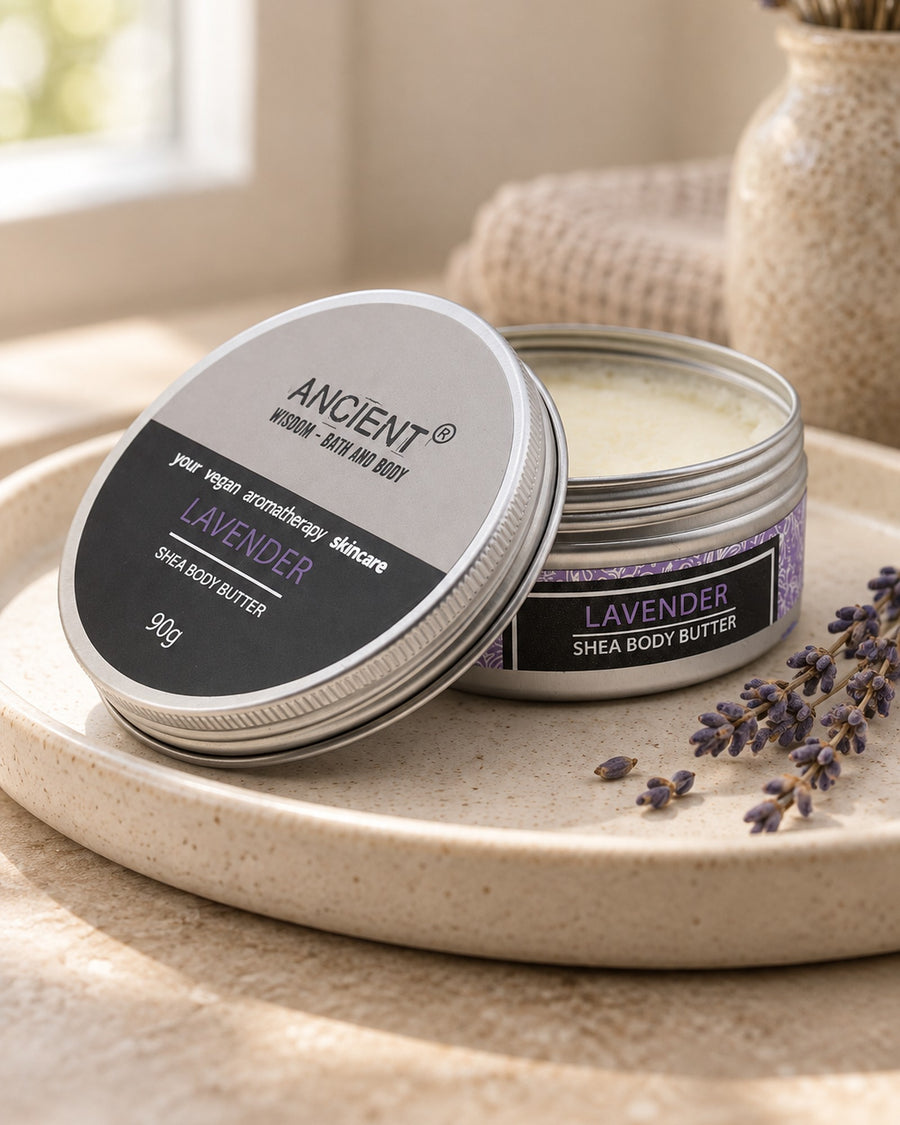Shea Body Butter with Lavender Oil, 90g styled in a calm spa setting, Tara Spa Yarm