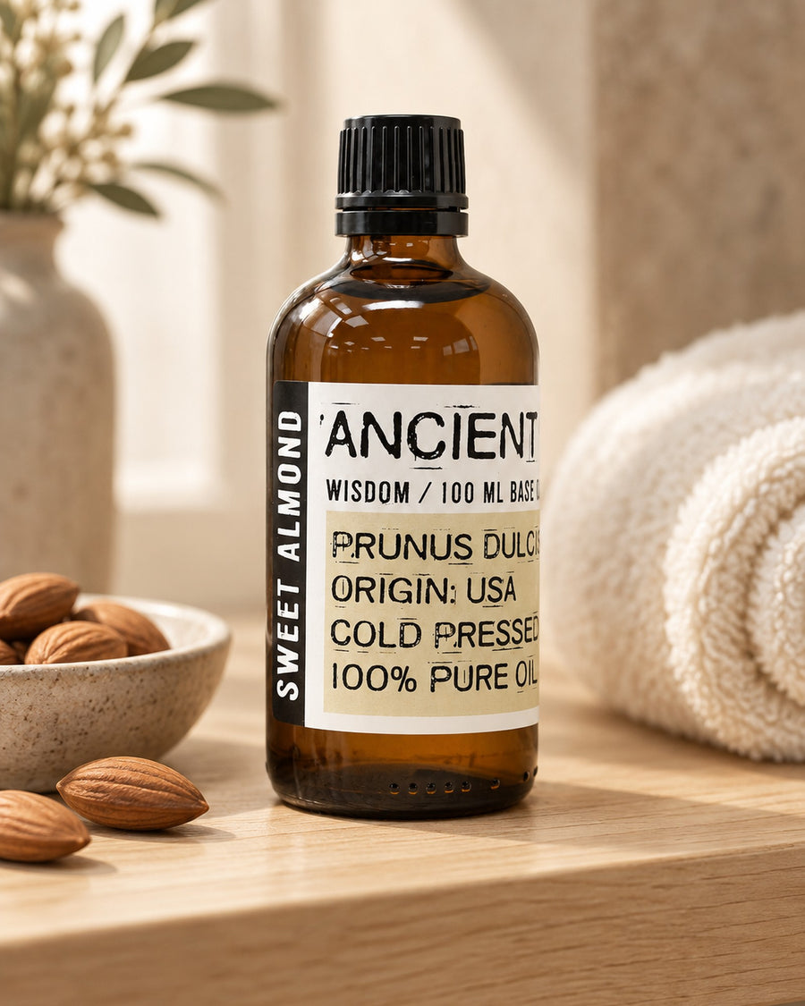 Sweet Almond Base Oil, 100ml styled in a calm spa setting, Tara Spa Yarm