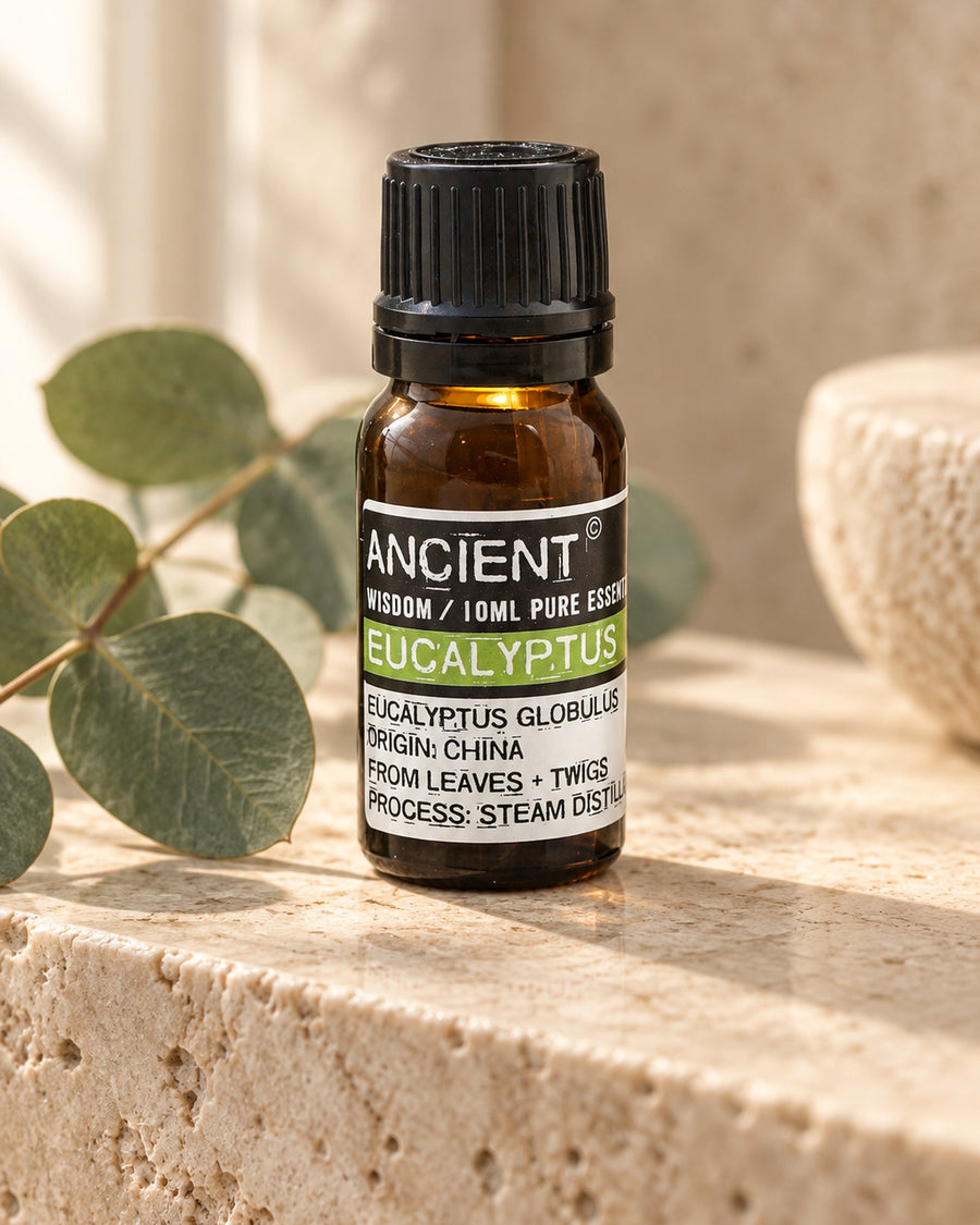 Eucalyptus Essential Oil, 10ml styled in a calm spa setting, Tara Spa Yarm