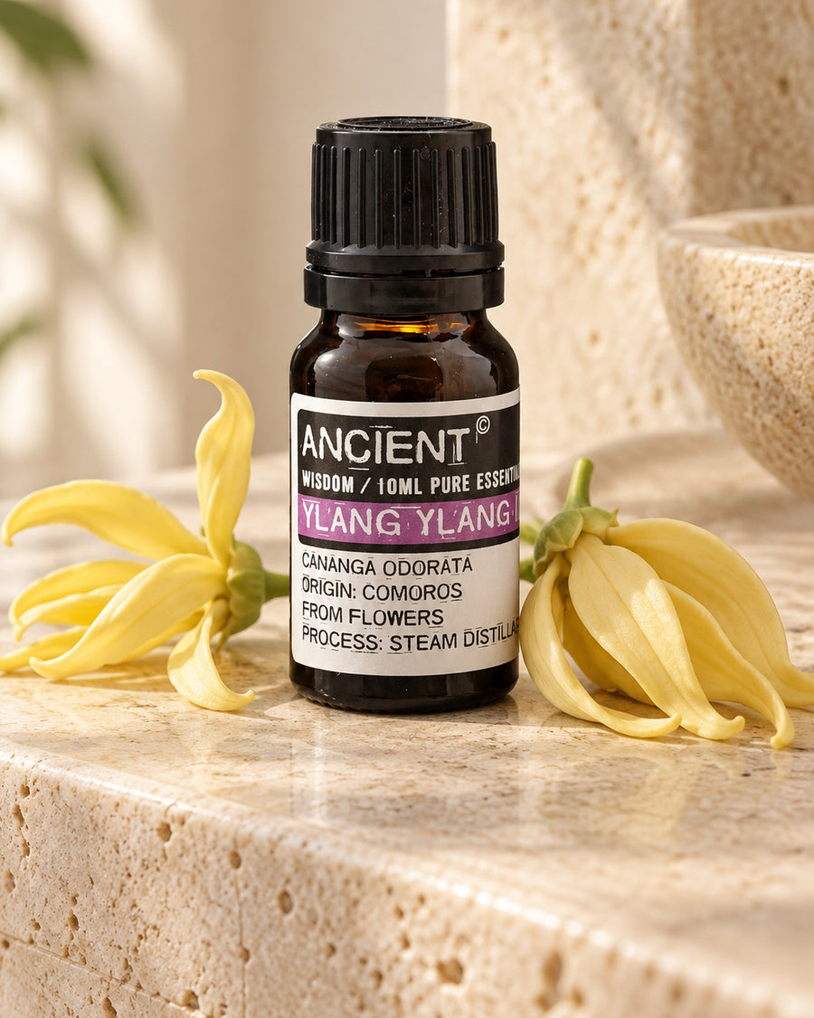 Ylang Ylang Essential Oil, 10ml styled in a calm spa setting, Tara Spa Yarm