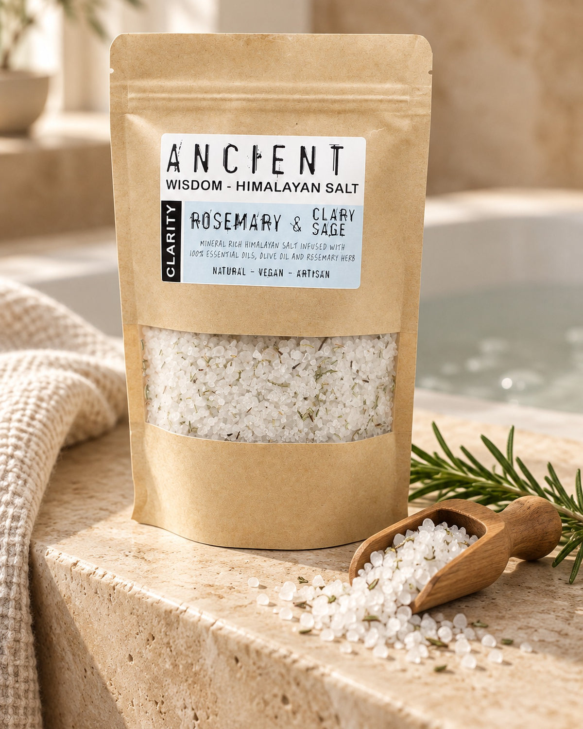 Himalayan Bath Salt Blend with Rosemary and Clary Sage, 500g styled in a calm spa setting, Tara Spa Yarm