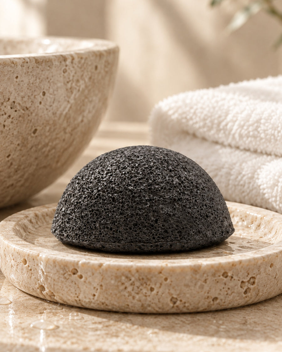 Konjac Sponge, Charcoal styled in a calm spa setting, Tara Spa Yarm