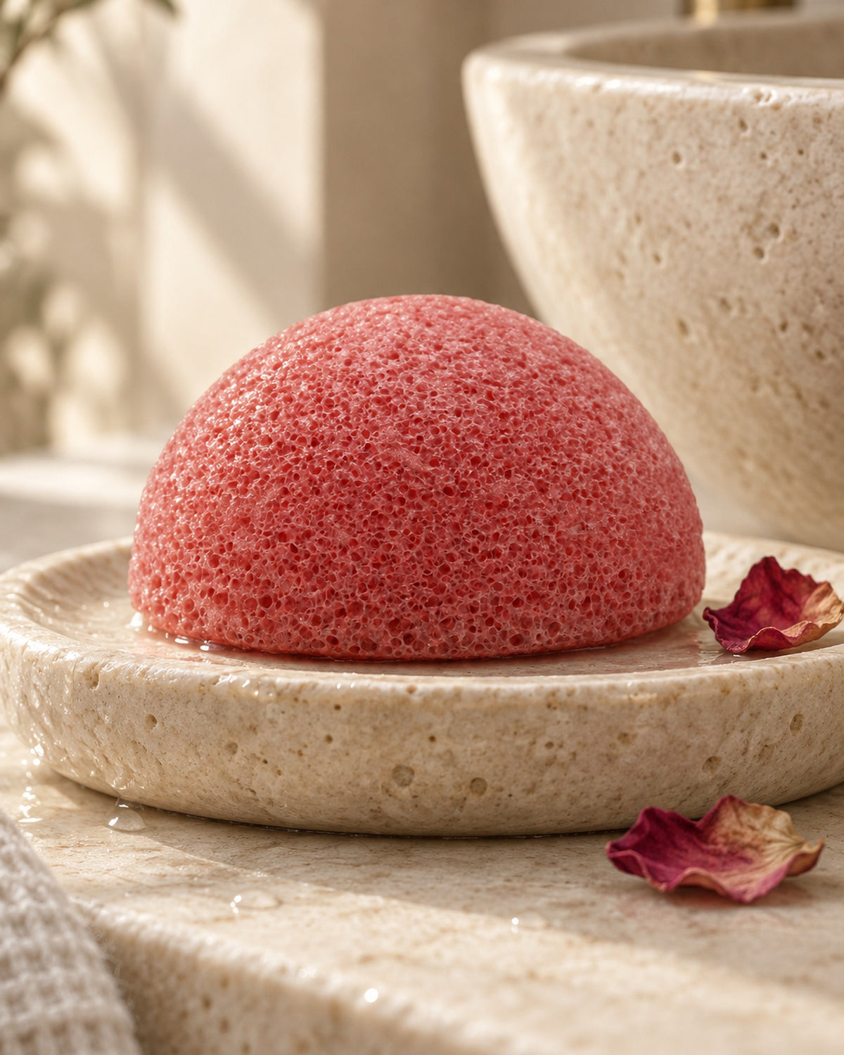 Konjac Sponge with Rose styled in a calm spa setting, Tara Spa Yarm
