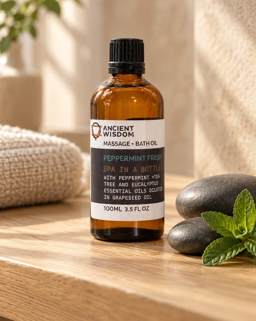 Peppermint and Tea Tree Massage Oil, 100ml styled in a calm spa setting, Tara Spa Yarm