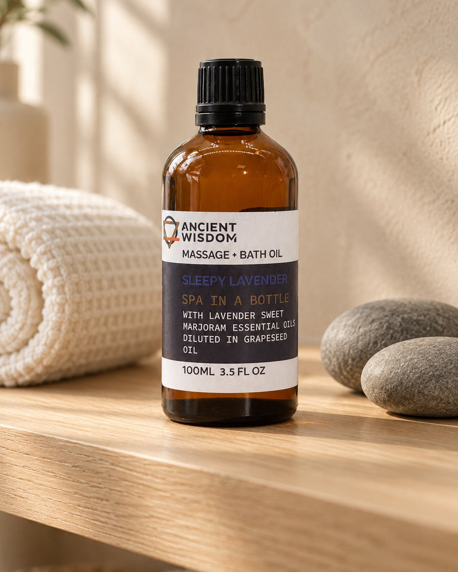 Lavender and Sweet Marjoram Massage Oil, 100ml styled in a calm spa setting, Tara Spa Yarm