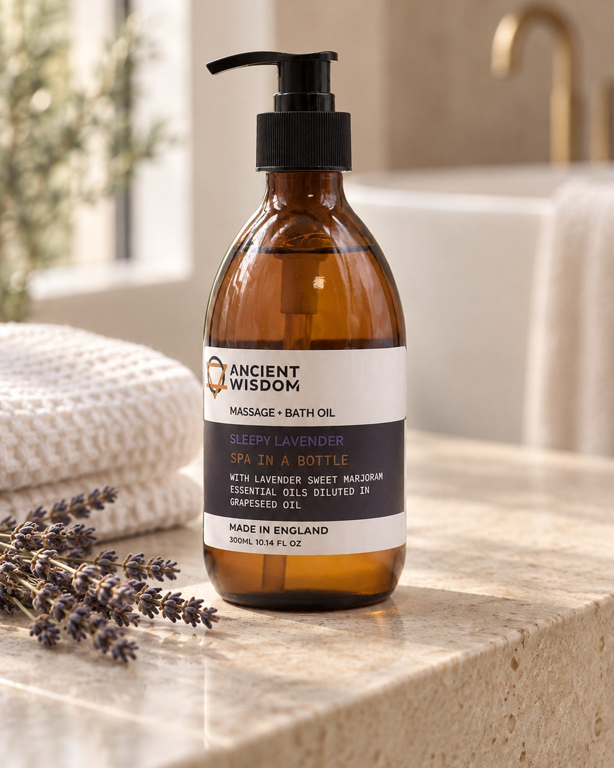 Massage and Bath Oil, Lavender, 300ml styled in a calm spa setting, Tara Spa Yarm