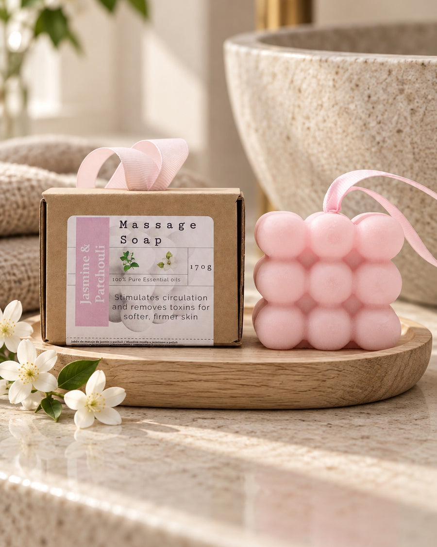 Jasmine and Patchouli Massage Soap, 170g styled in a calm spa setting, Tara Spa Yarm