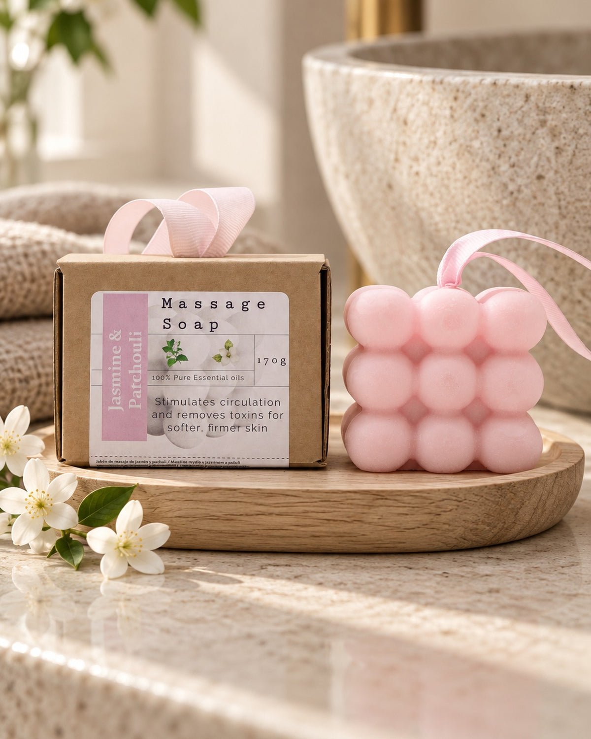 Jasmine and Patchouli Massage Soap, 170g styled in a calm spa setting, Tara Spa Yarm