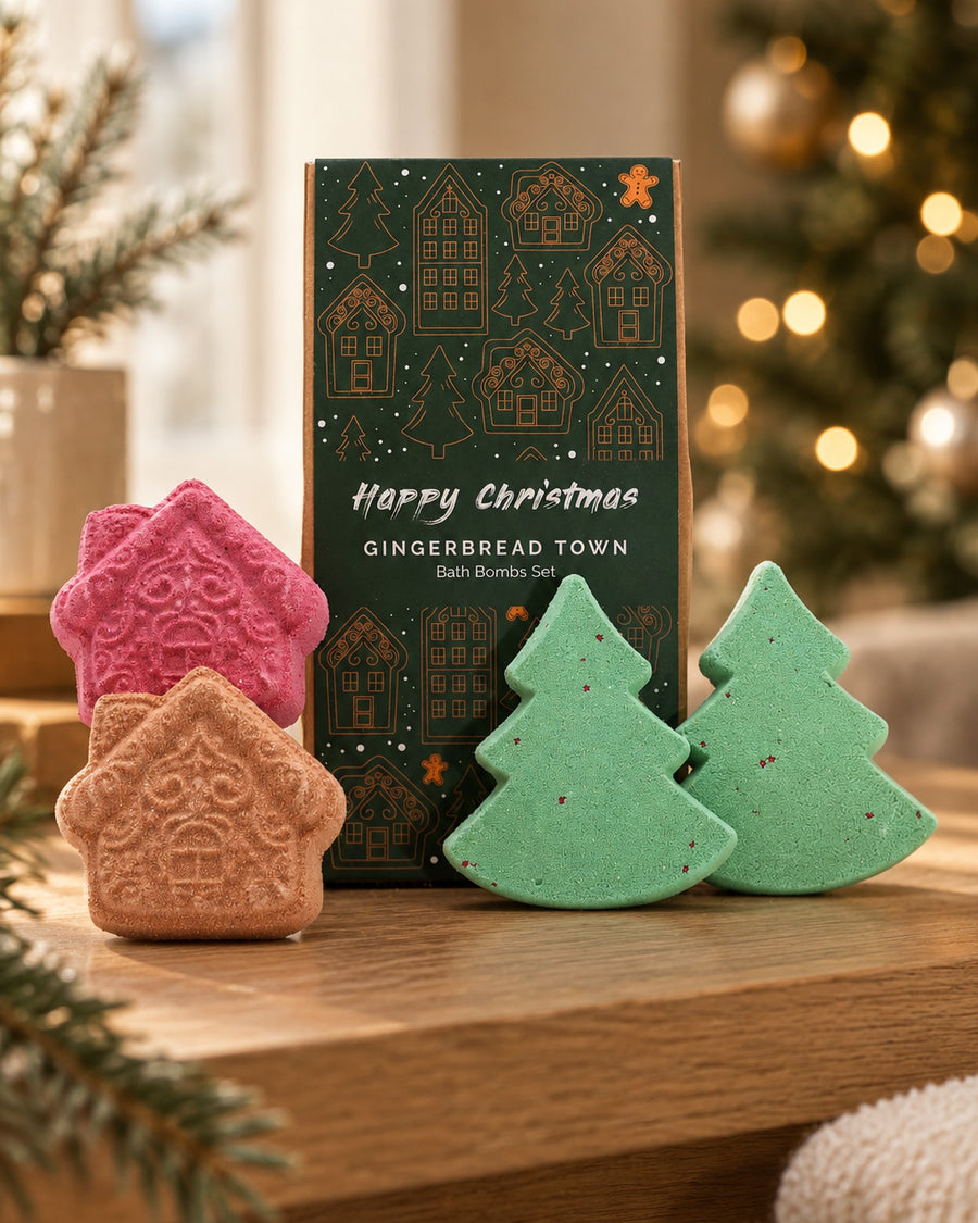 Gingerbread Town Christmas Bath Bomb Gift Pack styled at home