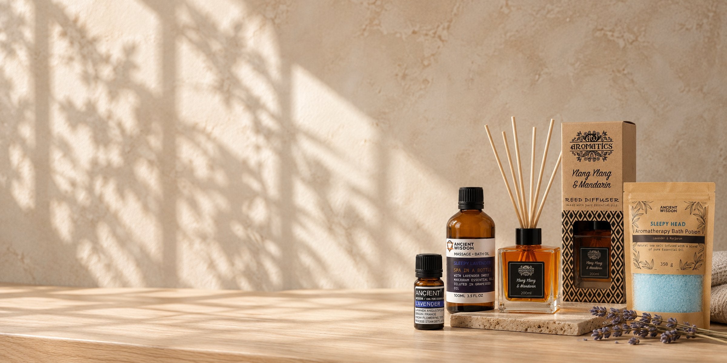 Lavender essential oil, Sleepy Lavender massage oil, an Ylang Ylang and Mandarin reed diffuser and lavender bath salts from Tara Spa Yarm
