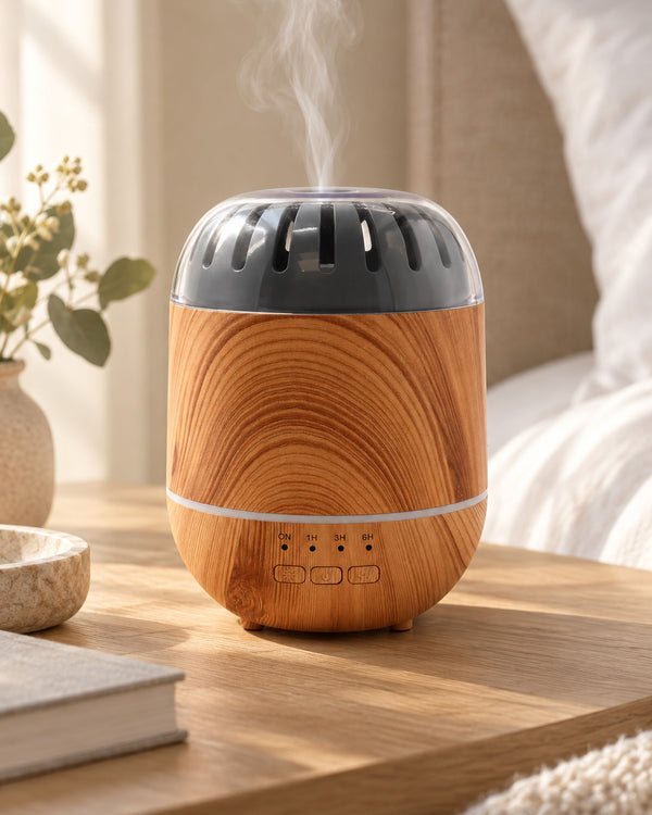 Copenhagen aroma diffuser in wood-effect plastic with a dark grey lid, styled on a table.