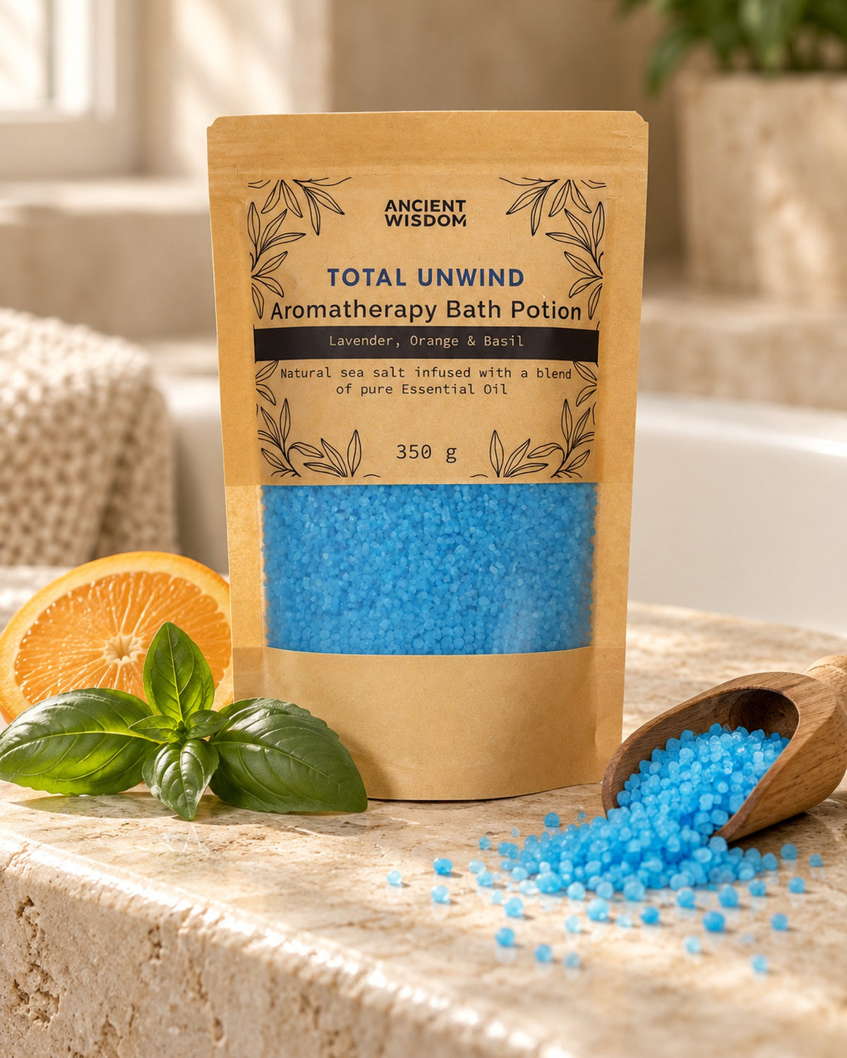 Bath Salts with Lavender, Orange and Basil, 350g styled in a calm spa setting, Tara Spa Yarm