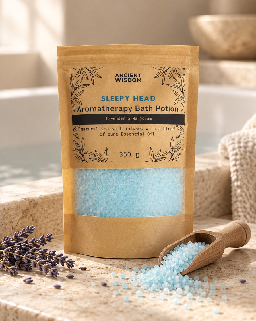 Lavender and Marjoram Bath Salts, 350g styled in a calm spa setting, Tara Spa Yarm