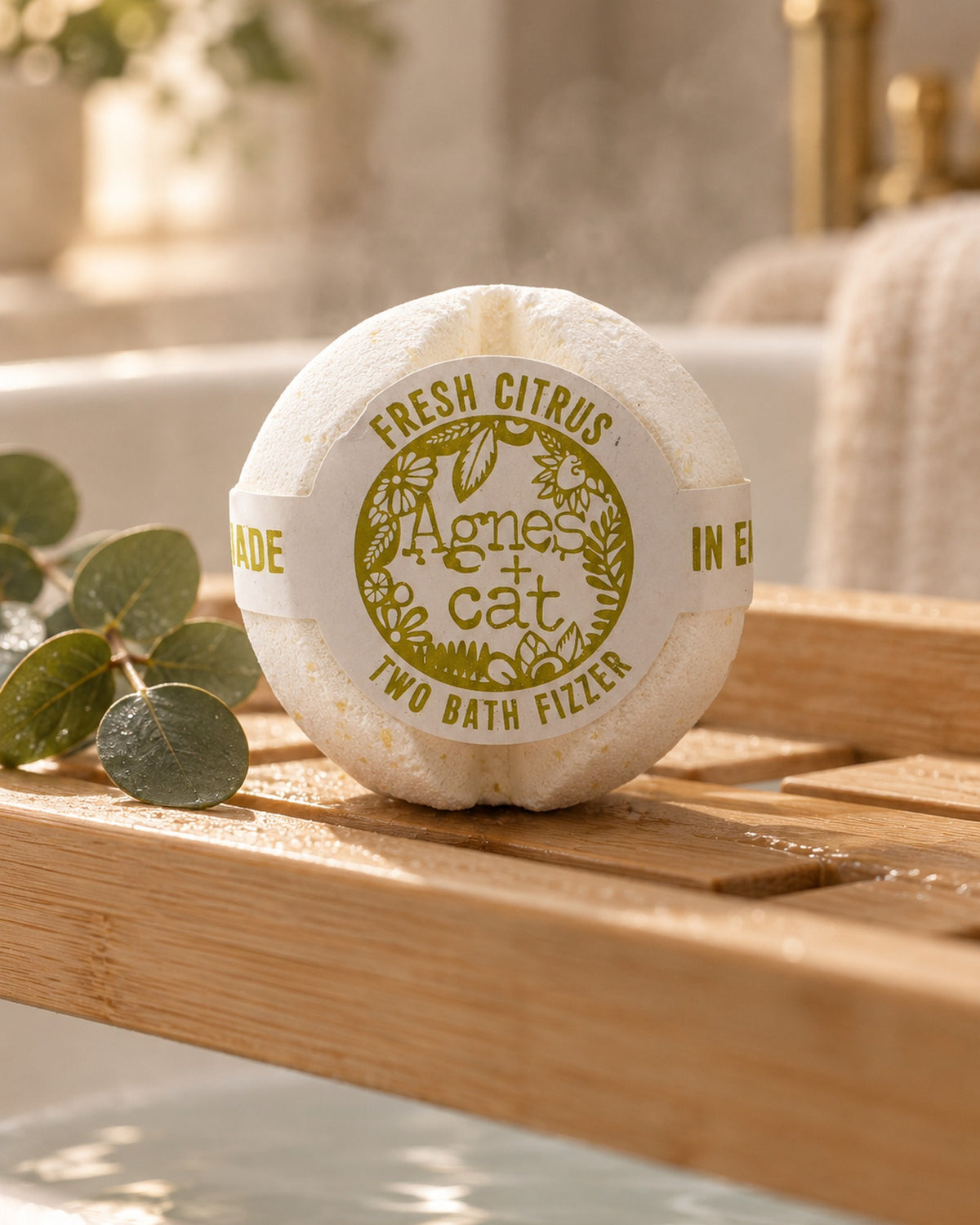Agnes + Cat Bath Fizzer, Fresh Citrus styled in a calm spa setting, Tara Spa Yarm