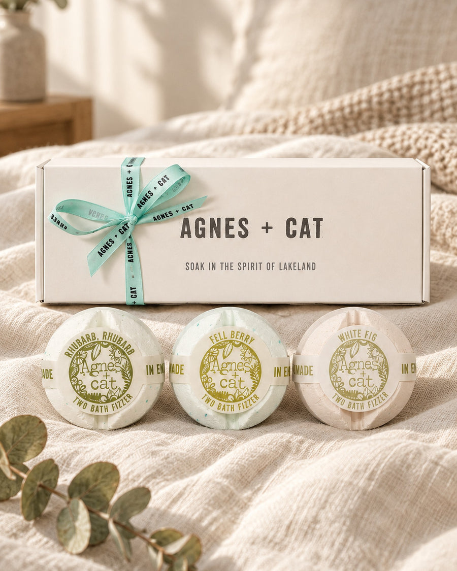 Agnes + Cat Berry and Fig Bath Fizzer Gift Set styled in a calm spa setting, Tara Spa Yarm