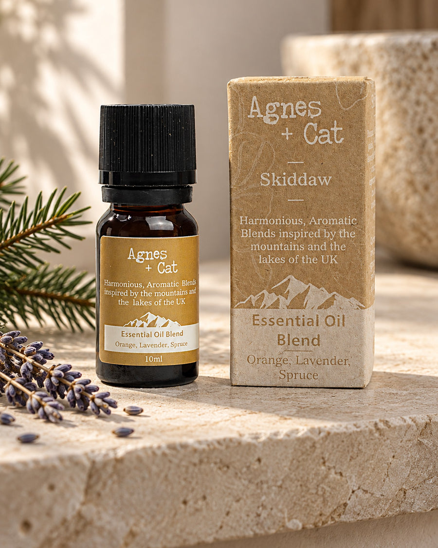 Agnes + Cat Skiddaw Essential Oil Blend, Orange, Lavender and Spruce, 10ml styled in a calm spa setting, Tara Spa Yarm