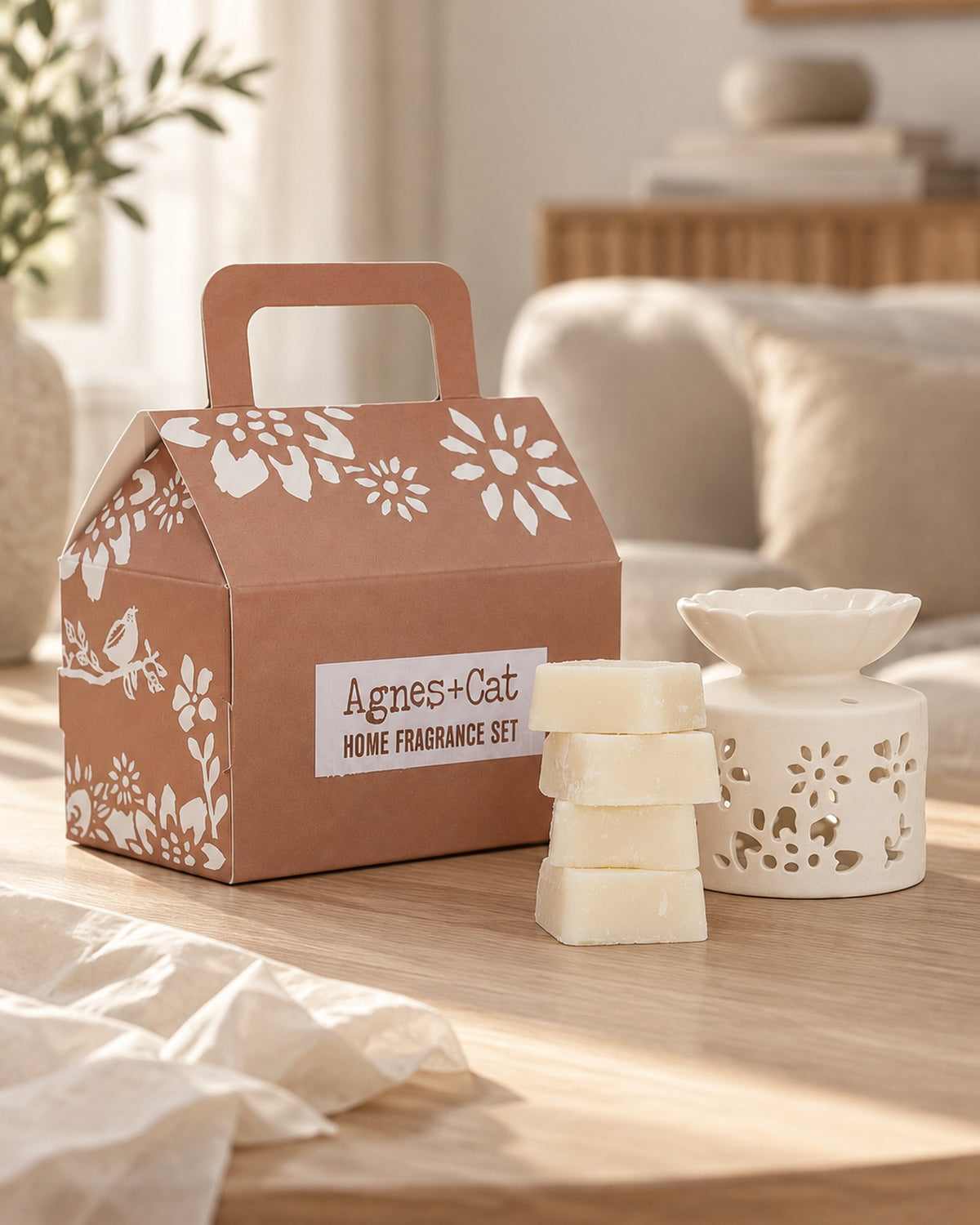 Agnes + Cat Fragrance Gift Set, Moroccan, 250g styled in a calm spa setting, Tara Spa Yarm