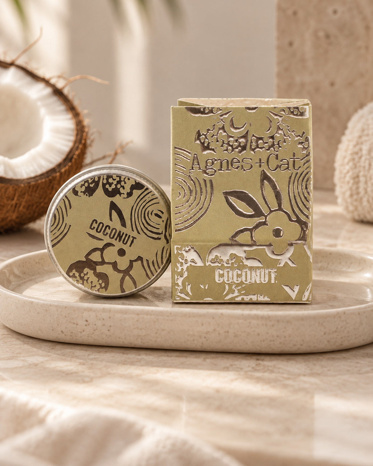 Agnes + Cat Lip Balm, Coconut, 12g styled in a calm spa setting, Tara Spa Yarm