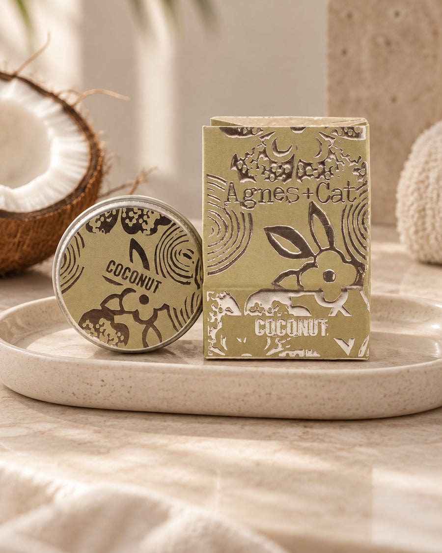 Agnes + Cat Lip Balm, Coconut, 12g styled in a calm spa setting, Tara Spa Yarm