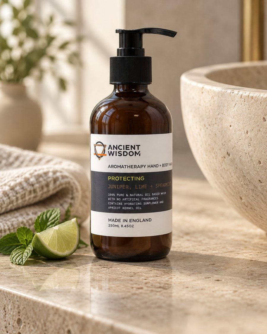 Juniper, Lime and Spearmint Hand and Body Wash, 250ml styled in a calm spa setting, Tara Spa Yarm