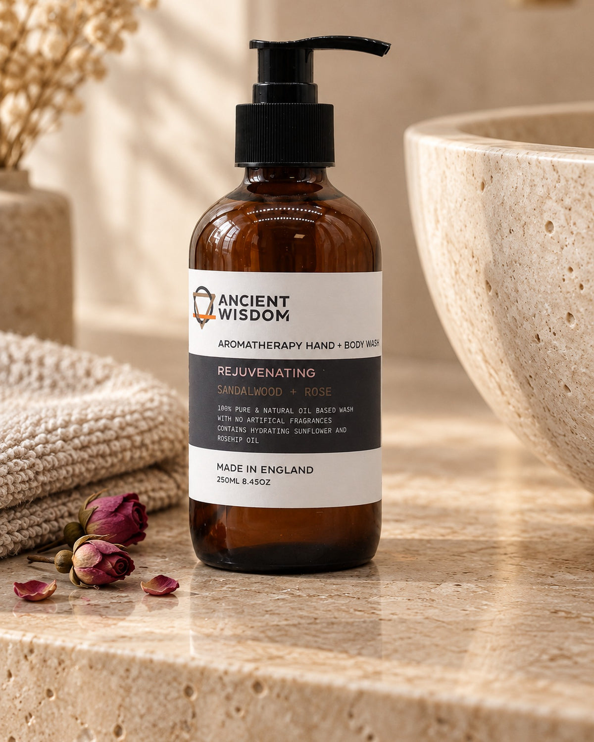Sandalwood and Rose Hand and Body Wash, 250ml styled in a calm spa setting, Tara Spa Yarm