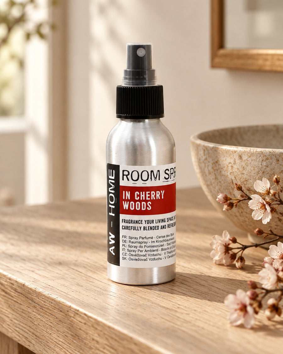 Cherry Woods Room Spray, 100ml styled in a calm spa setting, Tara Spa Yarm