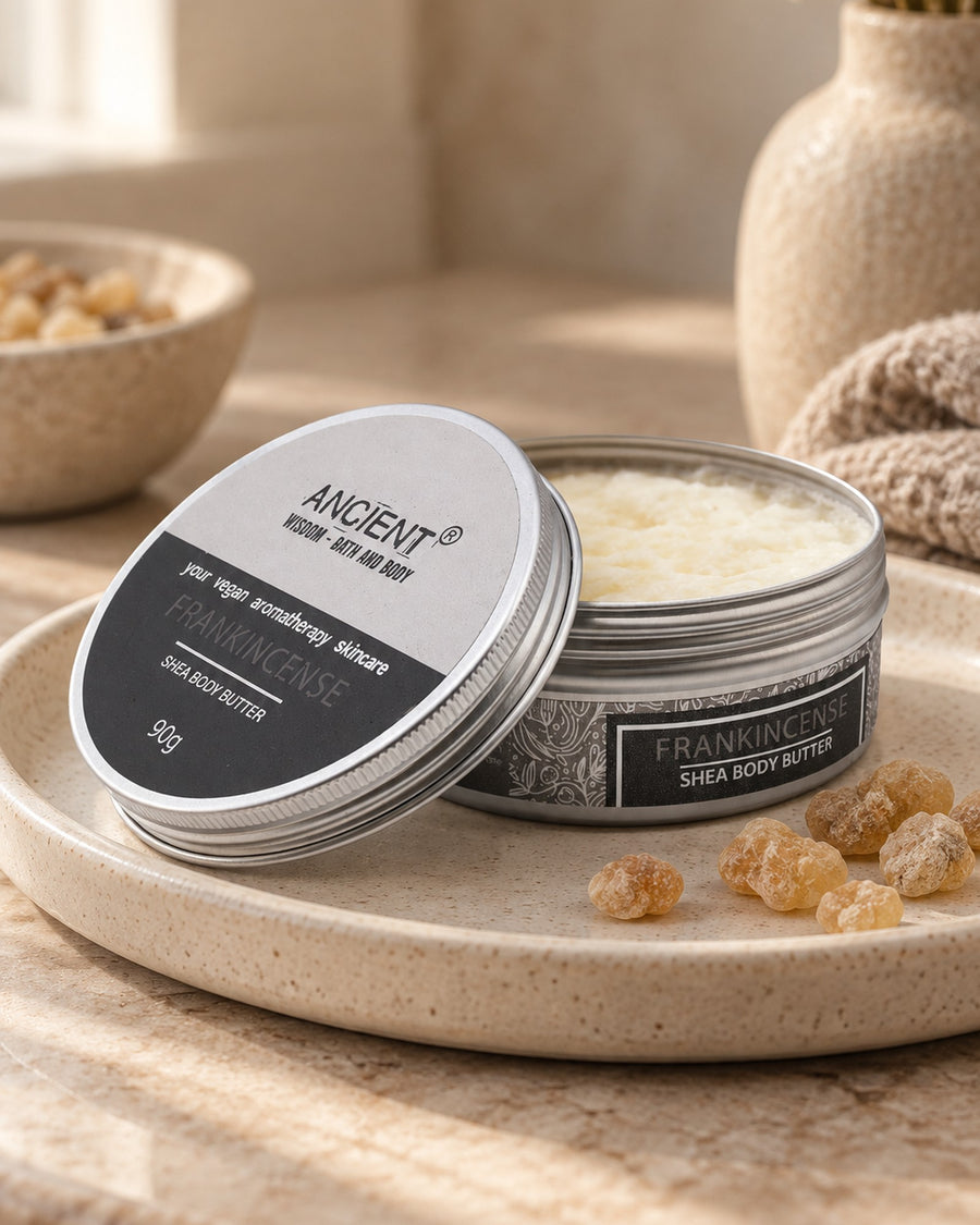 Shea Body Butter with Frankincense Oil, 90g styled in a calm spa setting, Tara Spa Yarm