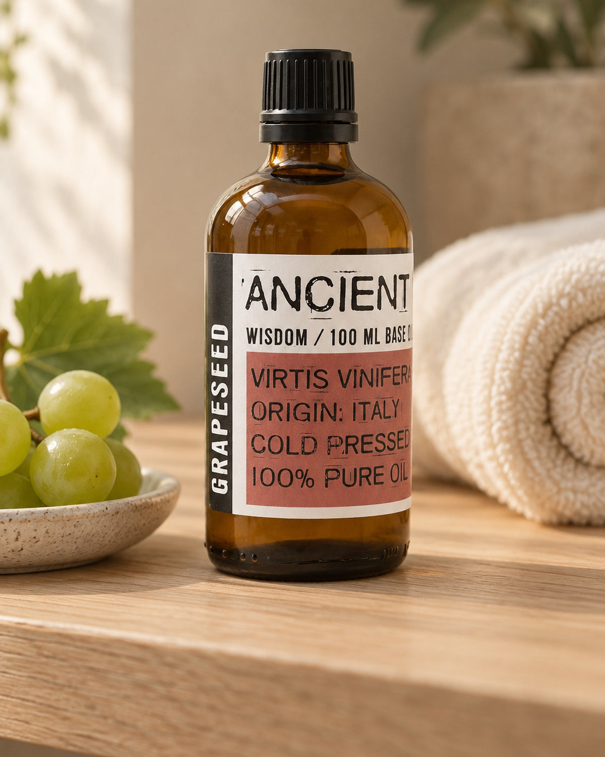 Grapeseed Base Oil, 100ml styled in a calm spa setting, Tara Spa Yarm