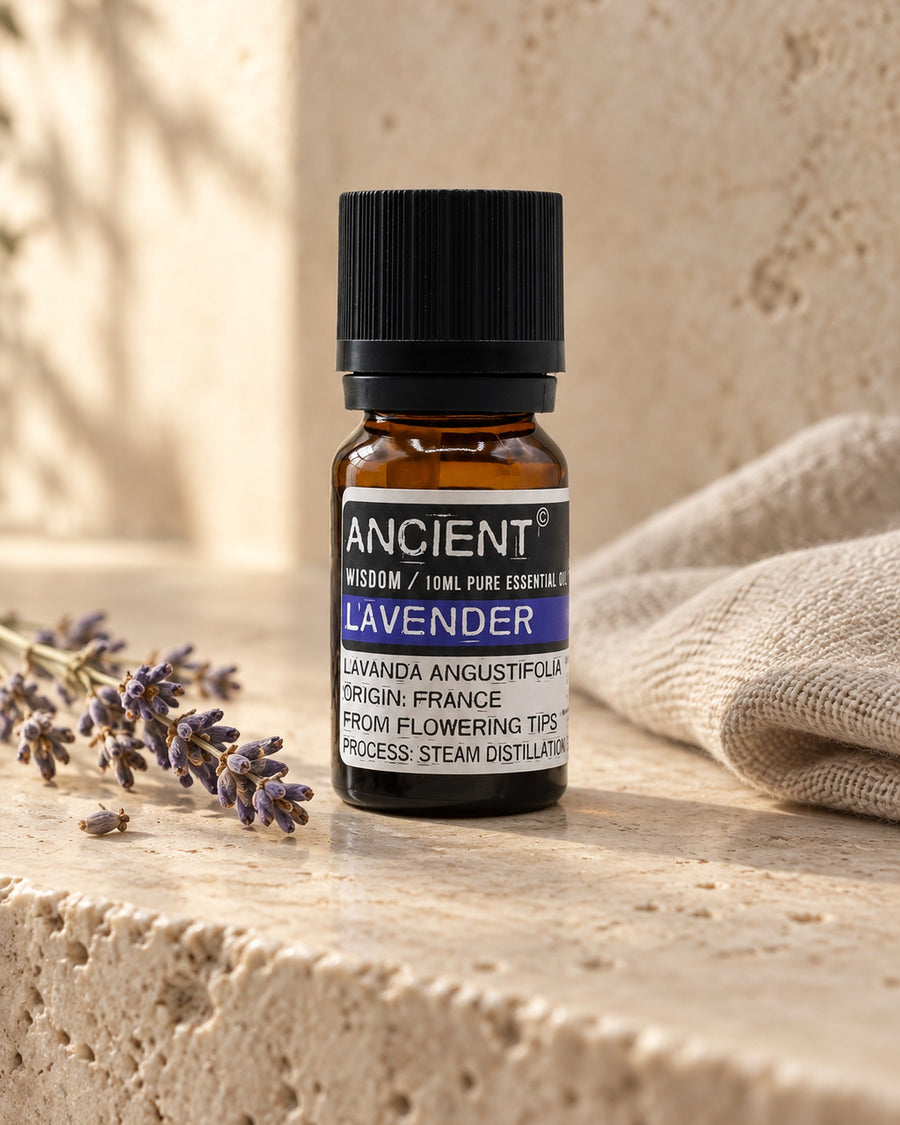 Lavender Essential Oil, 10ml styled in a calm spa setting, Tara Spa Yarm