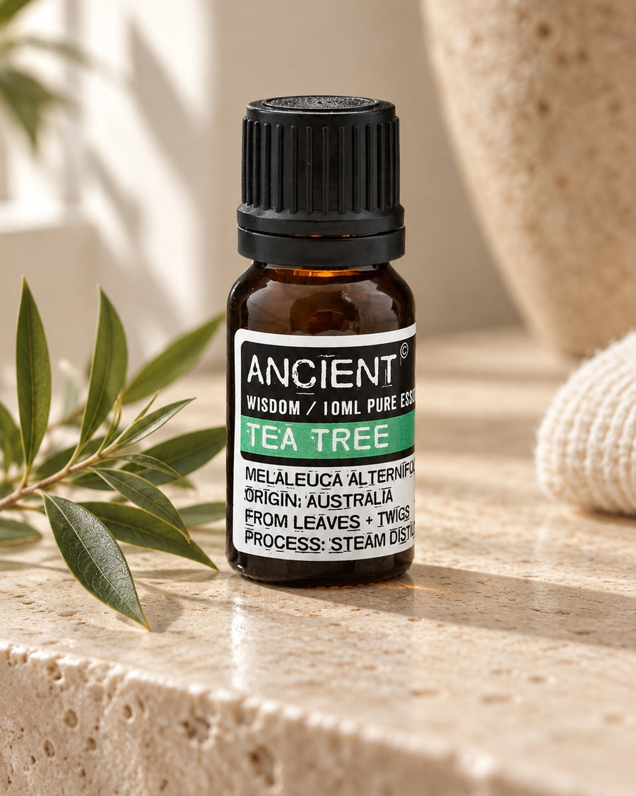 Tea Tree Essential Oil, 10ml styled in a calm spa setting, Tara Spa Yarm