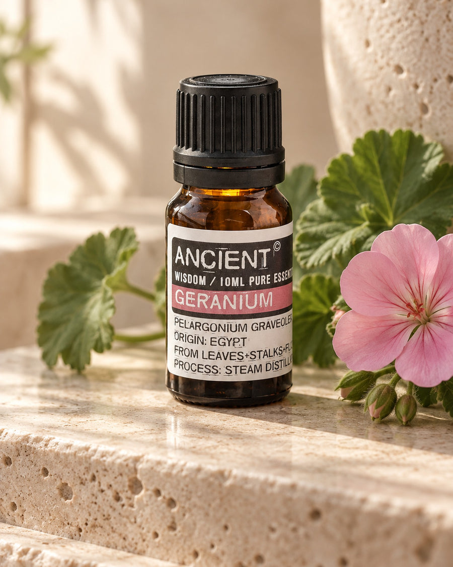 Geranium Essential Oil, 10ml styled in a calm spa setting, Tara Spa Yarm