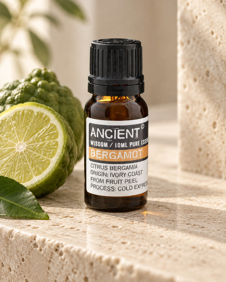 Bergamot Essential Oil, 10ml styled in a calm spa setting, Tara Spa Yarm