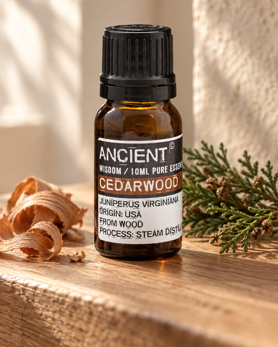 Cedarwood Virginian Essential Oil, 10ml styled in a calm spa setting, Tara Spa Yarm