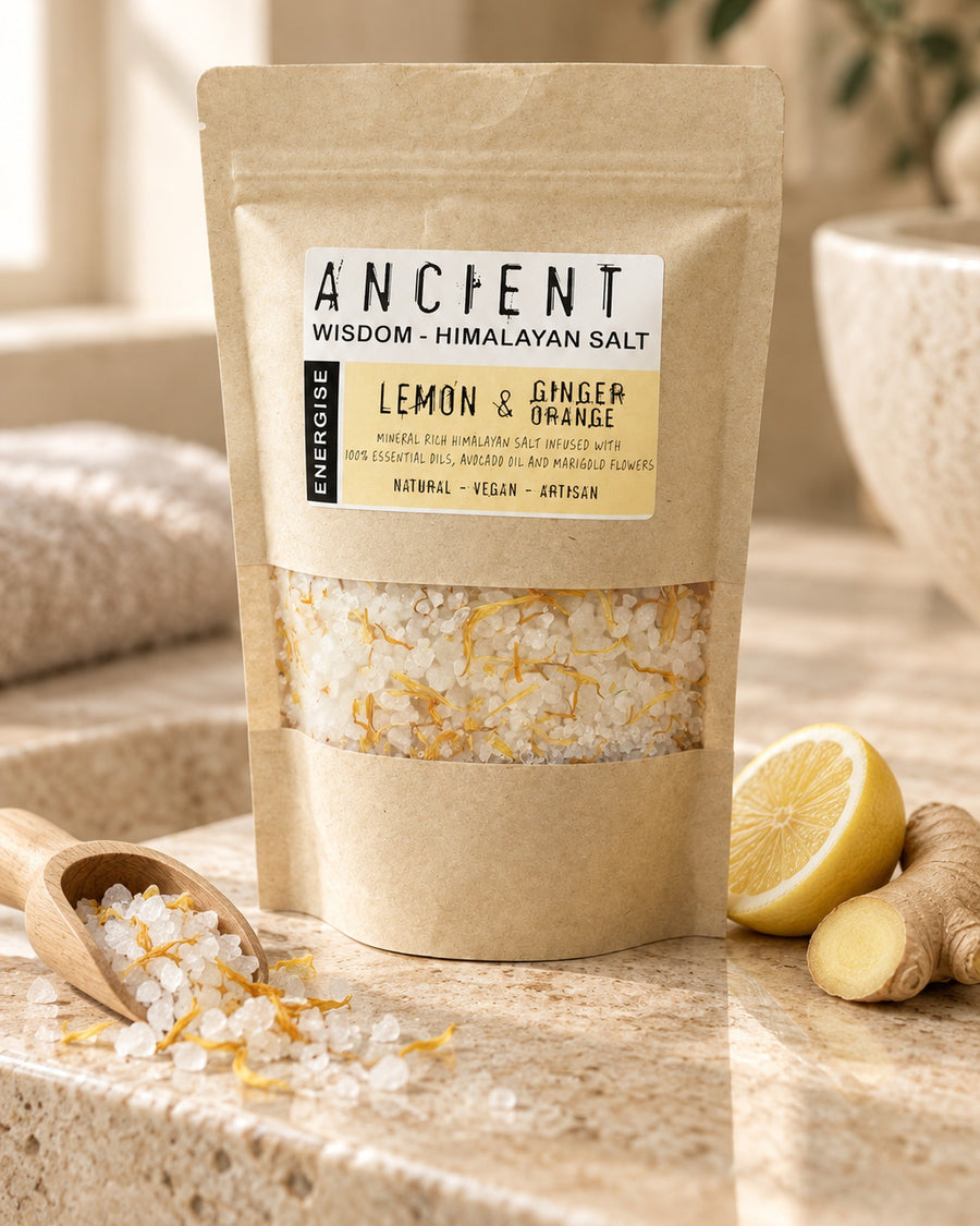 Himalayan Bath Salt Blend, Lemon, Ginger and Orange, 500g styled in a calm spa setting, Tara Spa Yarm