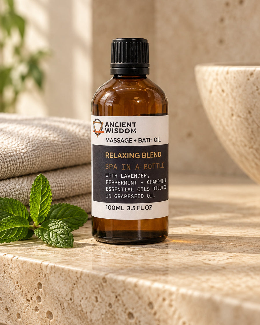 Lavender and Peppermint Massage Oil, 100ml styled in a calm spa setting, Tara Spa Yarm
