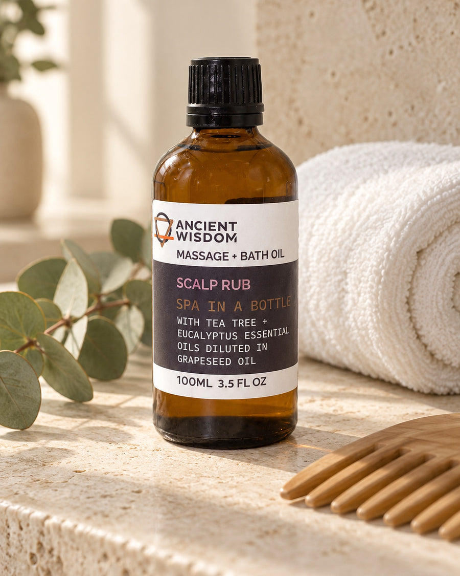 Scalp Massage Oil with Tea Tree and Eucalyptus, 100ml styled in a calm spa setting, Tara Spa Yarm